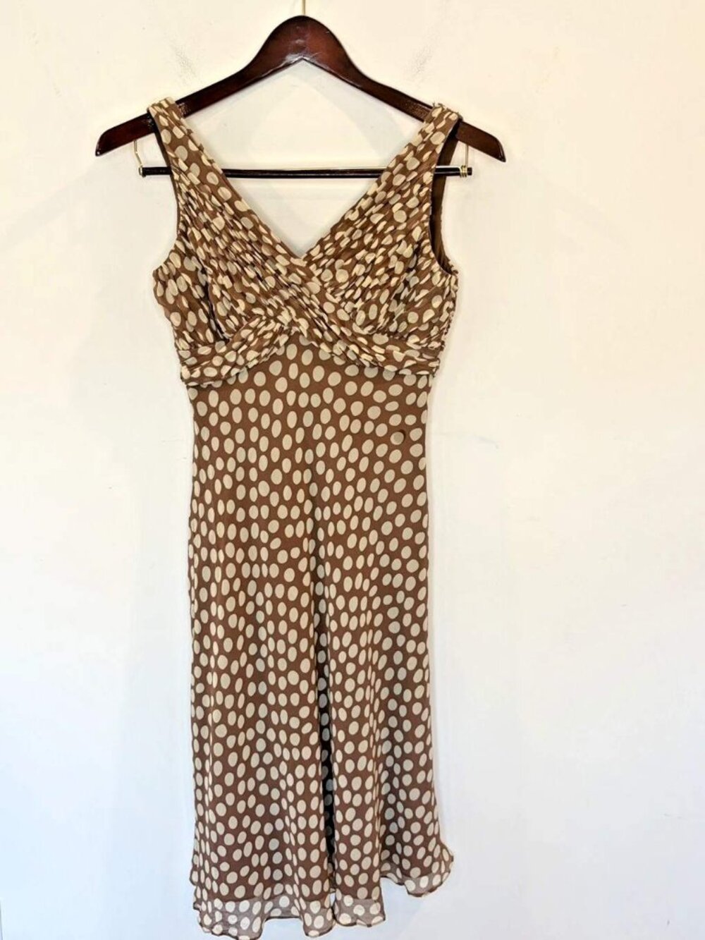 Vintage 90s Y2K Adrianna Papell Silk Midi Dress Brown Polka Dot Dress Size 6